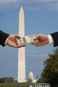 Washington Monument and people handing over cash