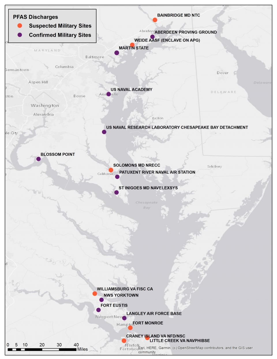 Map of PFAS sites on the Chesapeake