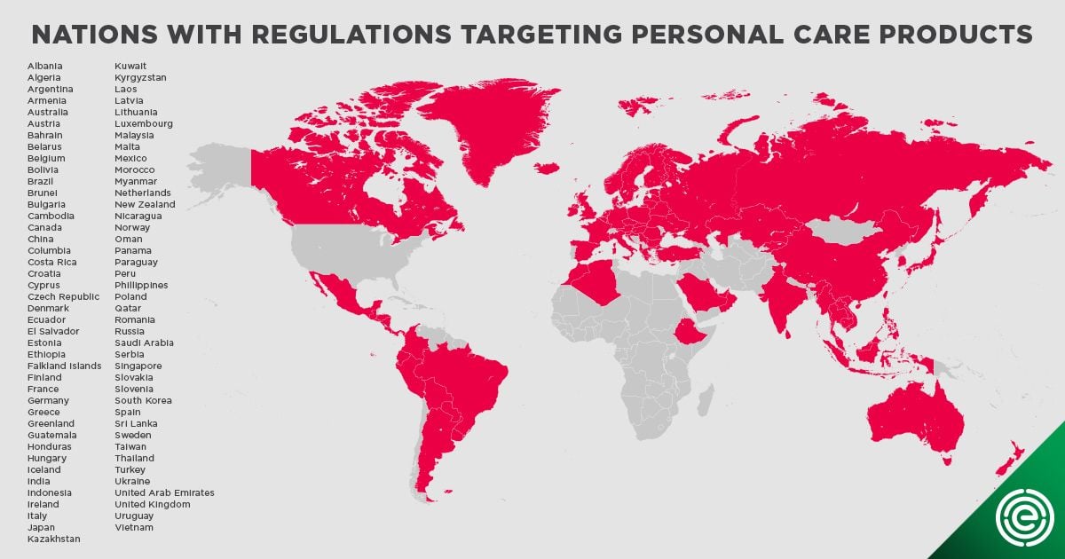 Map of countries across the globe that have cosmetics regulations