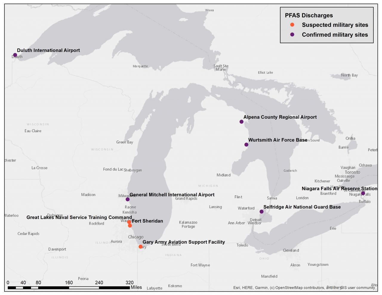 Suspected PFAS sites along the Great Lakes
