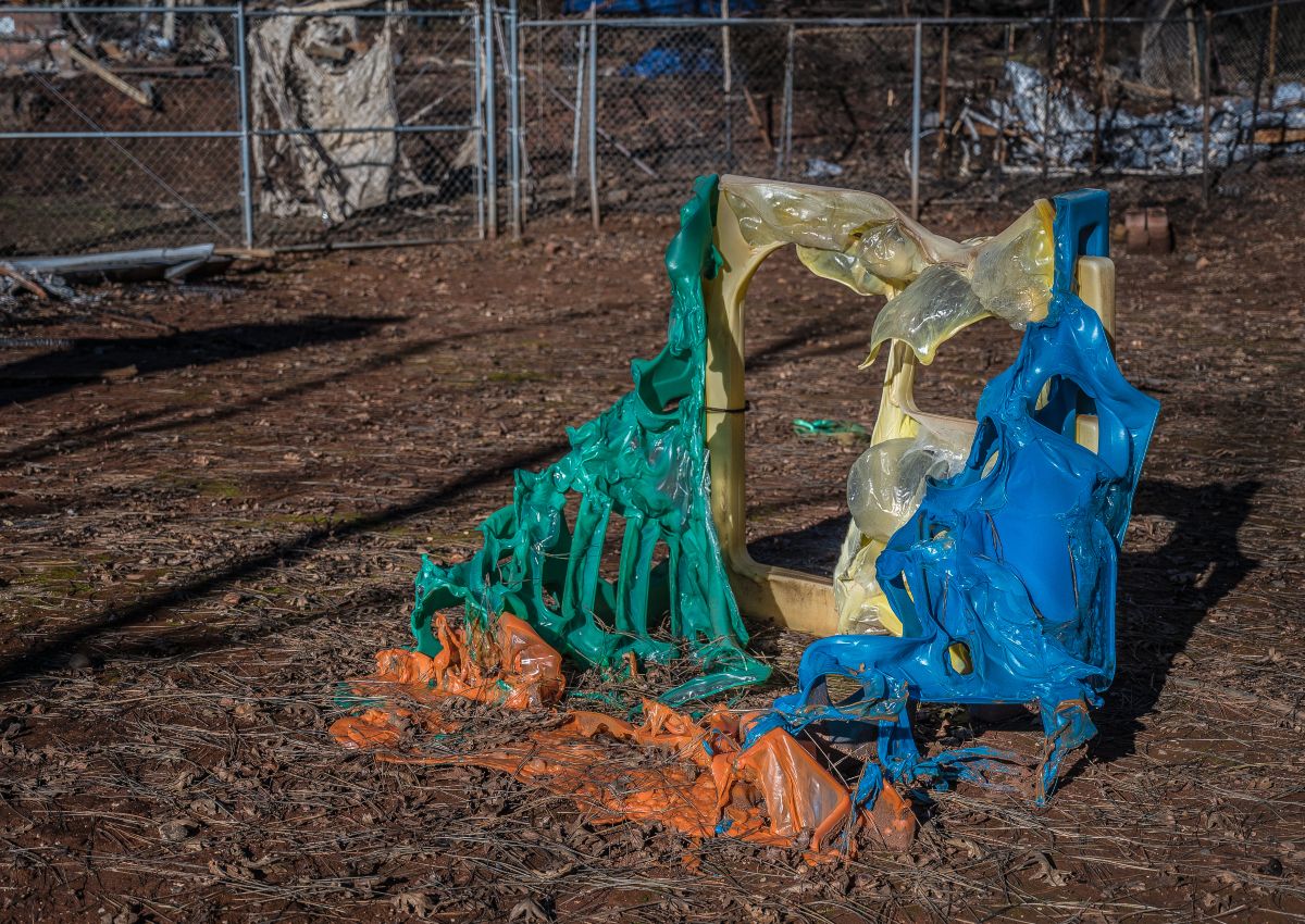 Mangled child playset in the aftermath of 2018 Camp Fire in Paradise, Calif.