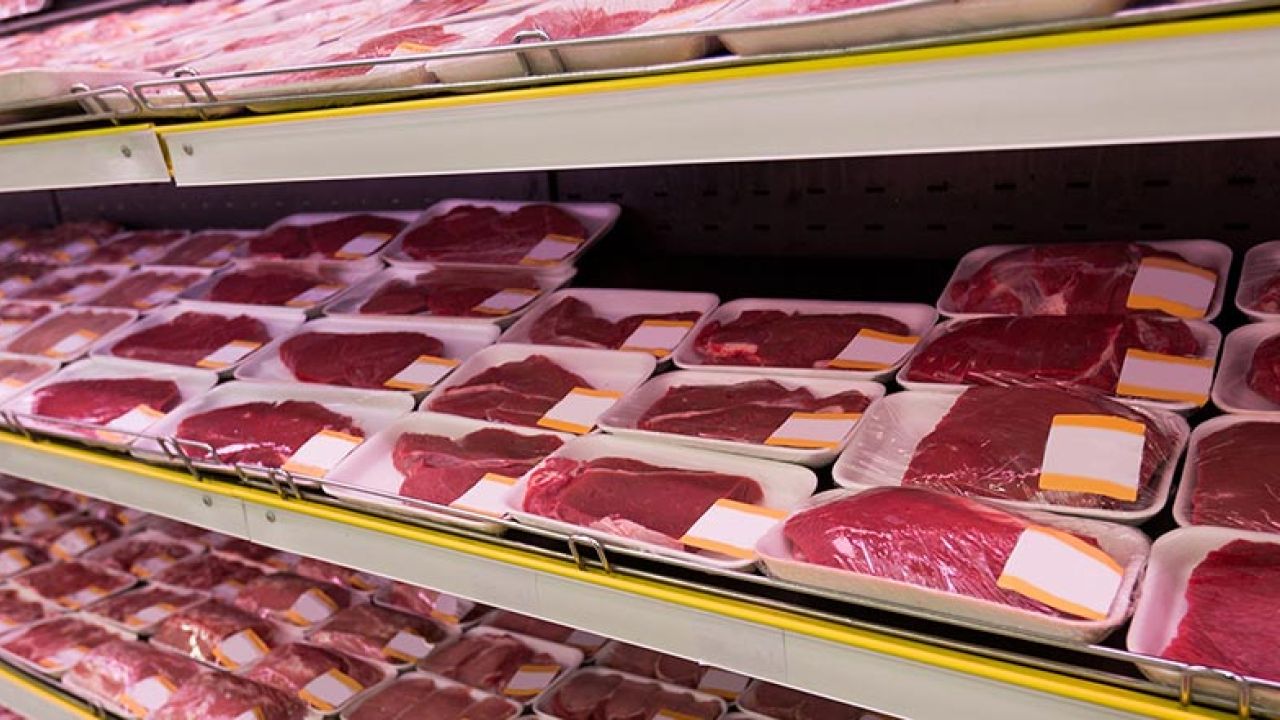 Meat Packaged on shelves in the grocery store